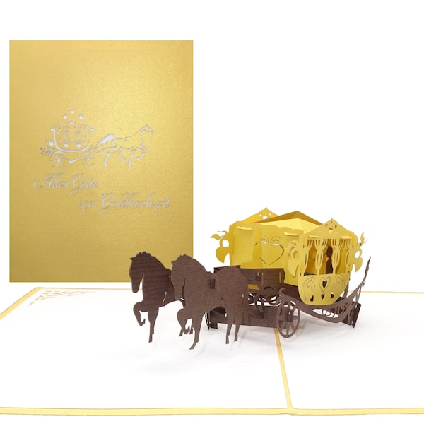 Pop Up Karte "Alles Gute zur Goldhochzeit - Kutsche" Goldhochzeitskarte mit Umschlag - Große 3D Grußkarte Goldene Hochzeit Glückwunschkarte