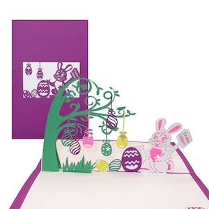 Biglietto pop-up per Pasqua "Coniglietto di Pasqua con uova di Pasqua" - divertente biglietto di Pasqua 3D con busta - arte cartacea unica per Pasqua