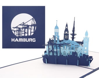 Carte pop-up « Hambourg – Panorama du port de Hambourg » - Carte de vœux 3D comme souvenir, carte d&#39;anniversaire et invitation à un voyage en ville