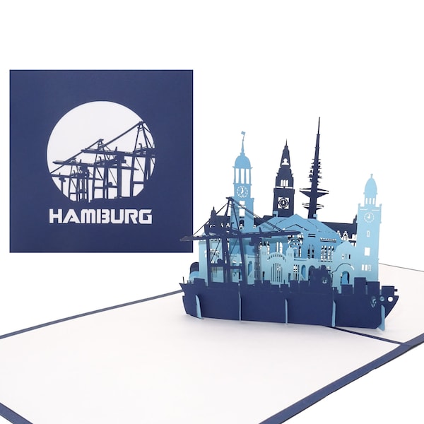 Pop Up Karte „Hamburg – Hamburger Hafen Panorama“ - 3D Grußkarte als Souvenir, Geburtstagskarte & Einladung zur Städtereise