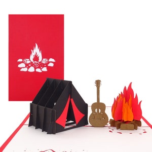 3D pop-up kaart "Kamperen - tent bij het kampvuur en gitaar" - verjaardagskaart padvinders, kamperen, kamperen als verjaardagswenskaart