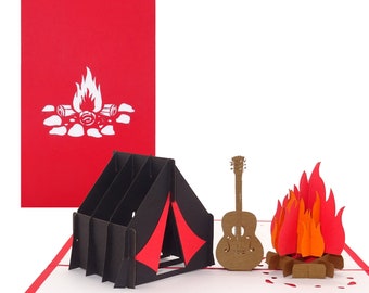 3D Pop Up Karte "Camping - Zelt am Lagerfeuer & Gitarre" - Geburtstagskarte Pfadfinder, Zelten, Camping als Glückwunschkarte zum Geburtstag