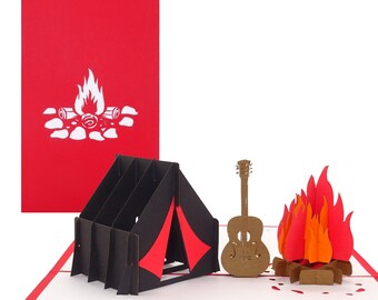 3D Pop Up Karte "Camping - Zelt am Lagerfeuer & Gitarre" - Geburtstagskarte Pfadfinder, Zelten, Camping als Glückwunschkarte zum Geburtstag