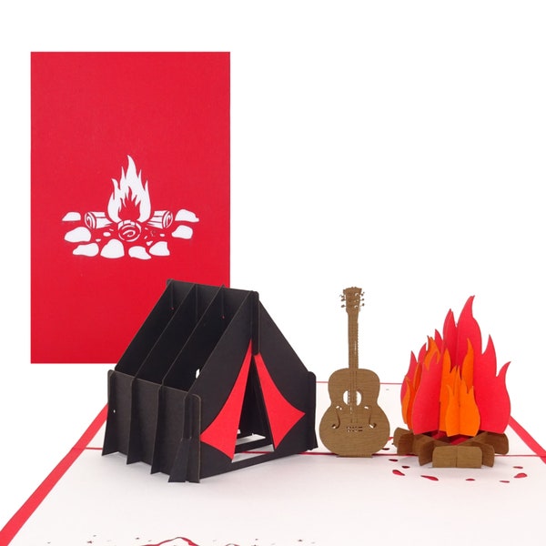 3D Pop Up Karte "Camping - Zelt am Lagerfeuer & Gitarre" - Geburtstagskarte Pfadfinder, Zelten, Camping als Glückwunschkarte zum Geburtstag