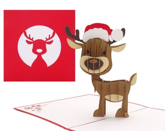 Pop Up Card "Reindeer with Santa Hat" - funny 3D Christmas card with cute Rudolf, folding card for Christmas with envelope