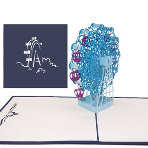 Carte pop-up « Grande roue » en bleu – Carte d'anniversaire 3D, bon d'achat, carte d'invitation, fête foraine, idée cadeau d'anniversaire pour enfant, cadeau en argent