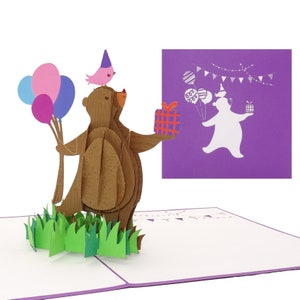 Cartão de aniversário 3D “Happy Bear” - cartão pop-up engraçado com envelope como cartão de convite de aniversário, voucher, vale-presente