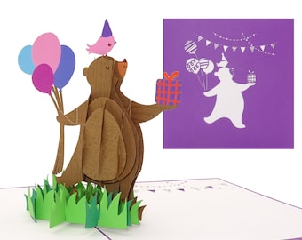 3D Geburtstagskarte „Happy Bear“ - lustige Pop Up Karte mit Umschlag als Einladungskarte zum Geburtstag, Gutschein, Geschenkgutschein