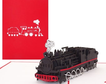Pop Up Karte "Dampflok - Eisenbahn" - 3D Geburtstagskarte, Reisegutschein & Geschenk Gutschein Dampflokfahrt, Klappkarte Zug - Lokomotive