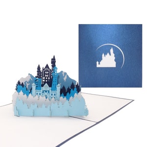 Biglietto pop-up “Panorama montano e castello” Biglietto di auguri 3D con modello del castello tedesco come souvenir, cartolina di Natale, invito alle escursioni