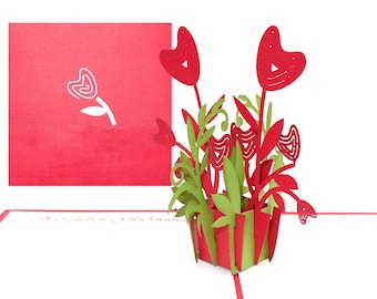 Carte Pop Up « Cœurs rouges - Fleurs de cœur » Carte de mariage 3D Carte de fiançailles Carte de Saint-Valentin Invitation de mariage de fiançailles de Saint-Valentin