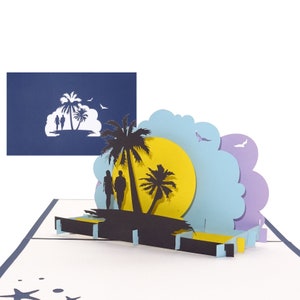 Carte pop-up « Lonely Island - Sunset Panorama » - Carte d'anniversaire 3D, bon de voyage, invitation au voyage et aux vacances