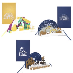 Cartoline di Natale 3D in set da 3 - 3 cartoline pop-up cristiane 3D per Natale con motivi del presepe - biglietti di auguri, buoni regalo