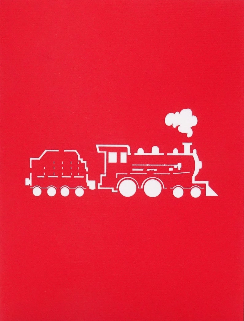 Puede incluir: Un recorte de papel blanco de un tren con una columna de humo sobre la locomotora. El tren est&aacute; sobre un fondo rojo.