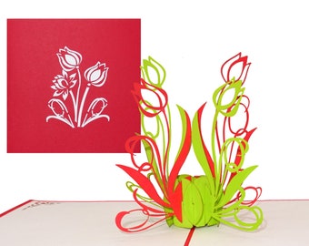 Carte pop-up "Tulipes" Carte de fleurs vertes et rouges Carte de Pâques Carte d'anniversaire Carte d'invitation 3D Carte d'anniversaire Carte d'argent Cadeau