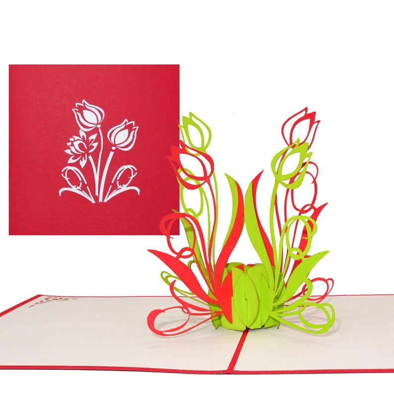 Carte pop-up "Tulipes" Carte de fleurs vertes et rouges Carte de Pâques Carte d'anniversaire Carte d'invitation 3D Carte d'anniversaire Carte d'argent Cadeau image 1