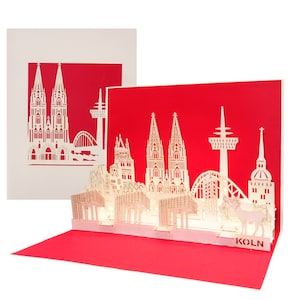 Tarjeta emergente "Colonia - Horizonte de Colonia con catedral" Tarjeta de felicitación en 3D con panorama de Colonia como bono de viaje, recuerdo e invitación a la ciudad catedralicia