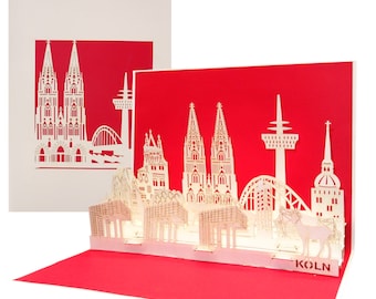 Tarjeta desplegable "Colonia - Horizonte de Colonia con catedral". Tarjeta de felicitación 3D con panorama de Colonia como bono de viaje, recuerdo e invitación a la ciudad catedralicia.