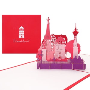Biglietto pop-up "Düsseldorf", biglietto d'auguri 3D con panorama come souvenir, buono di viaggio, cartolina, buono regalo, biglietto con busta