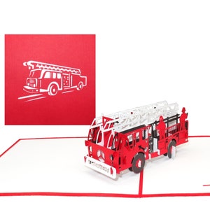 Cartão pop-up "Corpo de Bombeiros" - cartão de aniversário 3D e cartão de convite com carro de bombeiros - voucher, convite e embalagem para presente