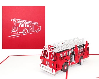 Pop-Up Karte "Feuerwehr" - 3D Geburtstagskarte & Einladungskarte mit Löschzug - Gutschein, Einladung und Geschenkverpackung