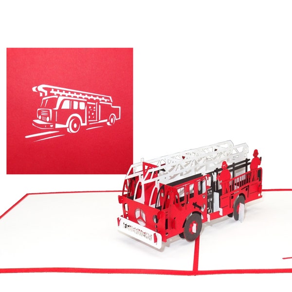 Pop-Up Karte "Feuerwehr" - 3D Geburtstagskarte & Einladungskarte mit Löschzug - Gutschein, Einladung und Geschenkverpackung