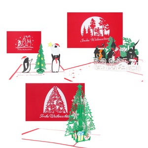 Ensemble de 3 cartes de Noël | Cartes avec 3 motifs de Noël pop-up 3D différents | arbre de Noël | Père Noël | Pingouins et sapin de Noël