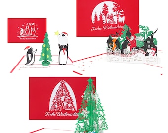 Ensemble de 3 cartes de Noël | Cartes avec 3 motifs de Noël pop-up 3D différents | arbre de Noël | Père Noël | Pingouins et sapin de Noël