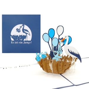 Carte Pop Up 3D "C'est un garçon !" - Carte de félicitations 3D pour la naissance - bébé hochet cigogne carte bébé carte de naissance garçon cigogne & nid