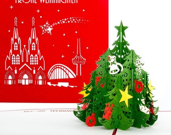 3D Pop Up Karte "Tannenbaum | Kölner Skyline " 3D Weihnachtskarte Kölner Dom & Panorama als Souvenir, Geschenkgutschein und Einladungskarte