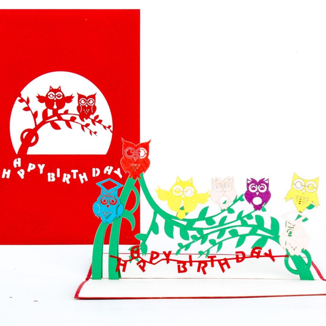 Pop-up Card owls Happy Birthday, Birthday Greeting Card, Owl Card for ...