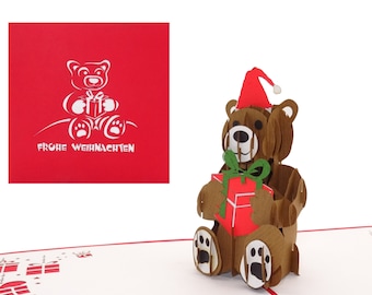 Pop-Up Card "Teddy with Christmas Present" 3D Christmas Card with Envelope