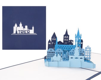 Tarjeta desplegable "Trier" azul, tarjeta de felicitación 3D como recuerdo, tarjeta de cumpleaños, tarjeta de invitación o cupón para una excursión a la ciudad.