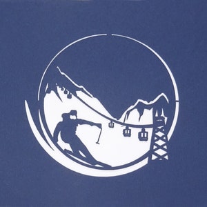 May include: A white silhouette of a skier on a mountain slope with a ski lift in the background. The image is set against a blue background.