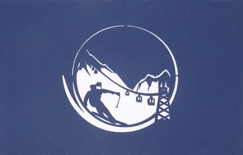 May include: A white silhouette of a skier on a mountain slope with a ski lift in the background. The image is set against a blue background.