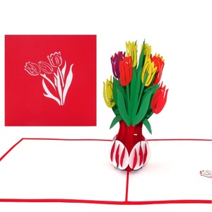 Biglietto pop-up "Bouquet di fiori - Tulipani colorati" - Biglietto di compleanno 3D con fiori, biglietto di Pasqua e auguri di primavera