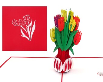 Carte Pop Up "Bouquet de Fleurs - Tulipes Colorées" - Carte d'Anniversaire 3D Fleurs, Carte de Pâques & Vœux de Printemps