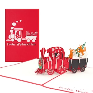 Cartolina di Natale 3D "Ferrovia - Babbo Natale e renne divertenti" - Locomotiva pop-up per cartoline di Natale con busta
