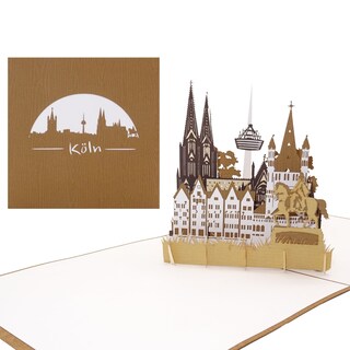 Biglietto Pop-Up Colonia Skyline Con Effetto Legno - 3D Con Duomo E Ponte, 15x20 Cm, Con Busta