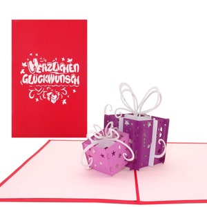 Birthday card "Gifts - Congratulations" Purple & Pink - 3D Pop Up Card Birthday Congratulations Card, Name Day