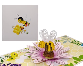 Pop-Up Card "Bee Happy - Bee on a Flower" - 3D Birthday Card, Greeting Card - Flower Card with Envelope as Gift Idea & Invitation Card
