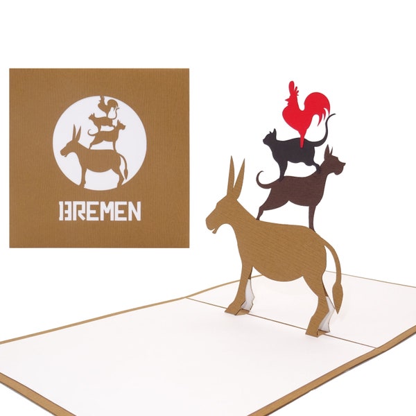 Pop Up Karte „Bremen - Bremer Stadtmusikanten“ - 3D Grußkarte als Souvenir, Geburtstagskarte, Einladungskarte, Gutschein zum Städtetrip