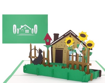 Pop-Up Karte "Haus & Garten" 3D Grußkarte mit Umschlag - als Einladung an Nachbarn und zum Gartenfest , Geburtstagskarte für Hobbygärtner