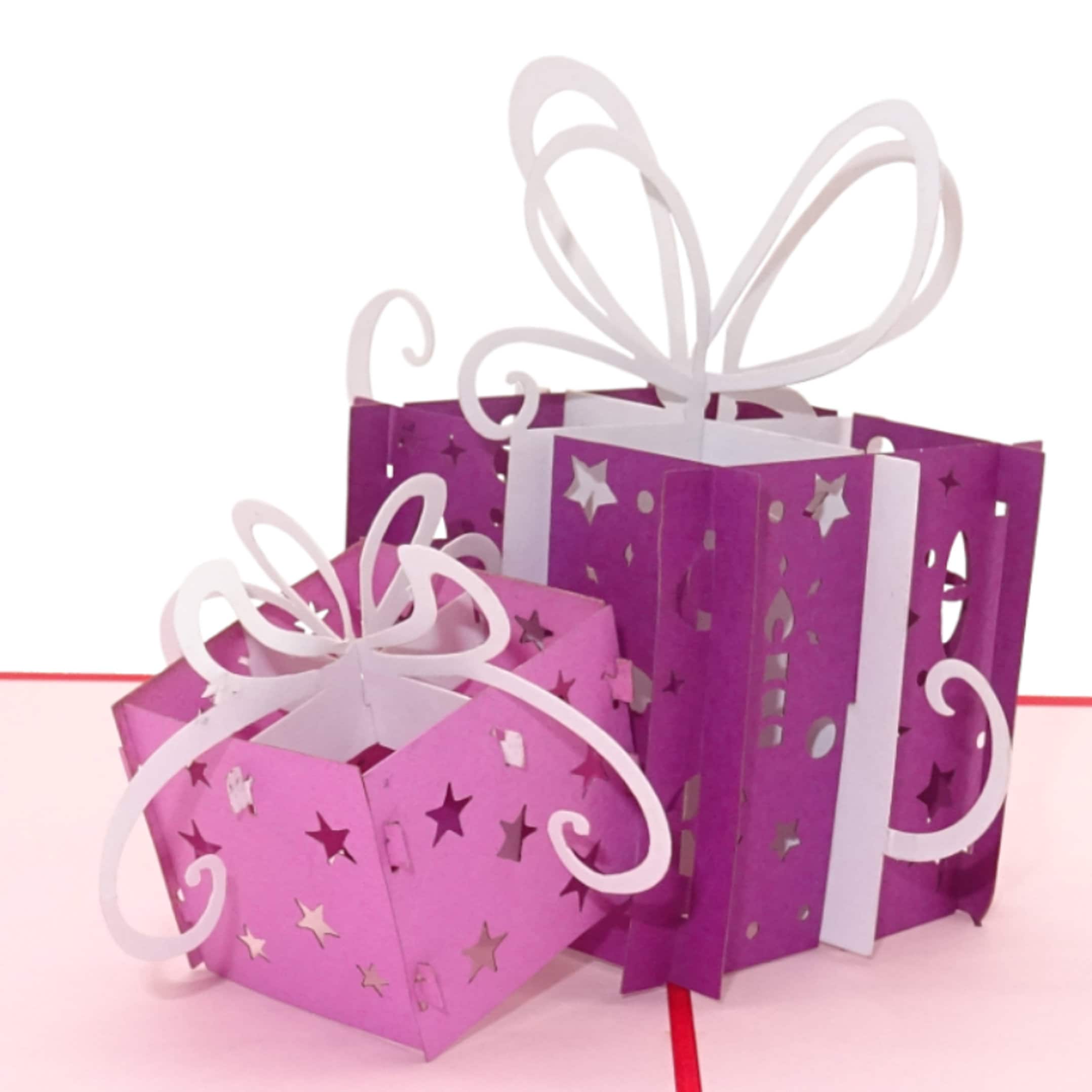 3D Pop-Up Geburtstagskarte „Geschenke“ – Rot & Lila, 12x12 Cm, Handgefertigt