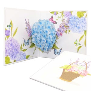 Biglietto pop-up "Ortensie e farfalle" Biglietto floreale 3D con busta come biglietto d'auguri, confezione regalo, biglietto d'invito