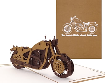 Pop-Up Karte "Motorrad - Wooden Bike" - 3D Geburtstagskarte Biker Motorbike als Geschenk zum Führerschein, Postkarte & Deko Route 66