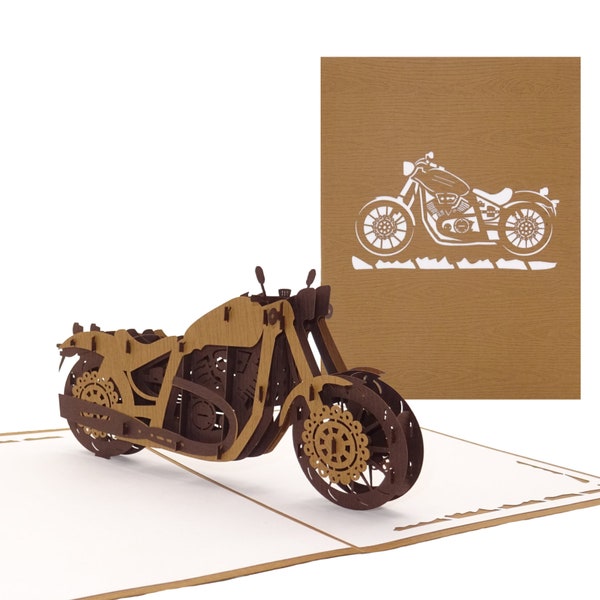 Pop-Up Karte "Motorrad - Wooden Bike" - 3D Geburtstagskarte Biker Motorbike als Geschenk zum Führerschein, Postkarte & Deko Route 66