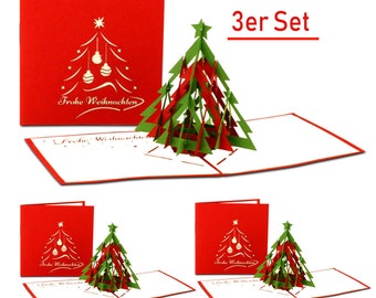 3er Set Weihnachtskarte „Tannenbaum - Modern" | 3D Pop-Up Karten, Weihnachtsgruß, Klappkarte mit Weihnachtsbaum-Motiv, Karten zu Weihnachten