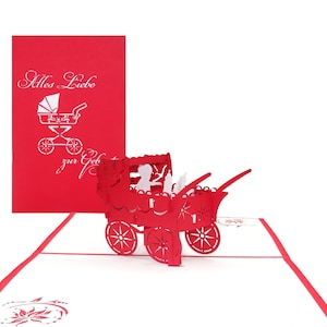Carte pop-up « Poussette - Bonne naissance » rouge - Carte de félicitations pour la naissance, carte bébé, cartes pop-up, carte 3D, carte de naissance