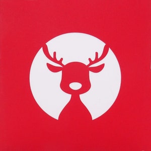May include: A white silhouette of a reindeer with antlers against a red background.